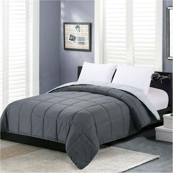 Reversible Queen Comforter - Lightweight Down Alternative, Dark Gray/Light Gray - Picture 1 of 6